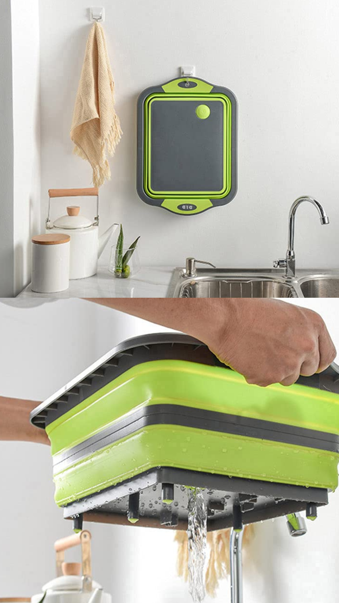 Hopfällbar skärbräda med sil – platsbesparande kökslösning